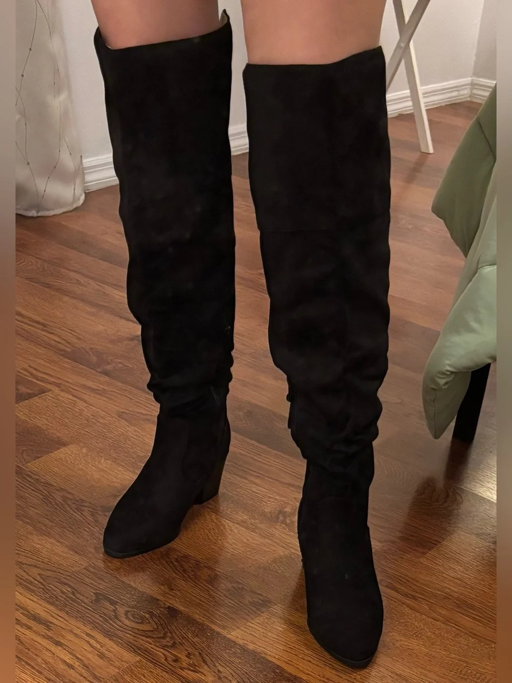 Stanley Black Knee-High Suede Block Heel Boots